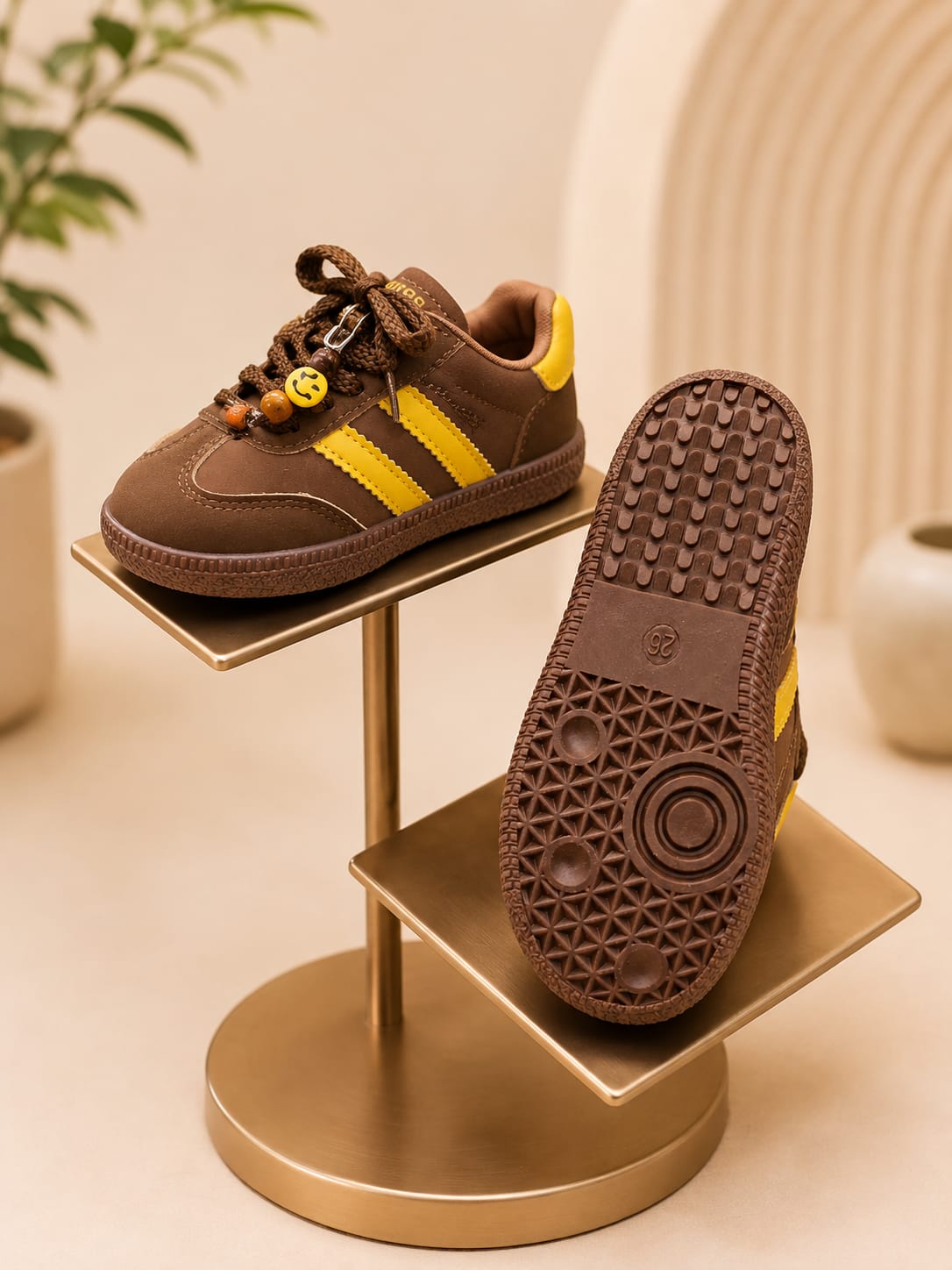 Kids Brown & Yellow Trendy Casual Sneakers – Stylish Lace-Up Shoes | EU 26-30