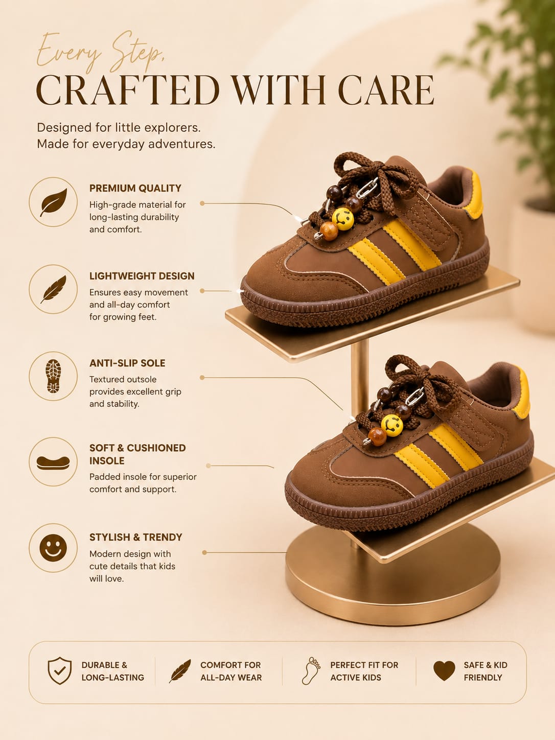 Kids Brown & Yellow Trendy Casual Sneakers – Stylish Lace-Up Shoes | EU 26-30