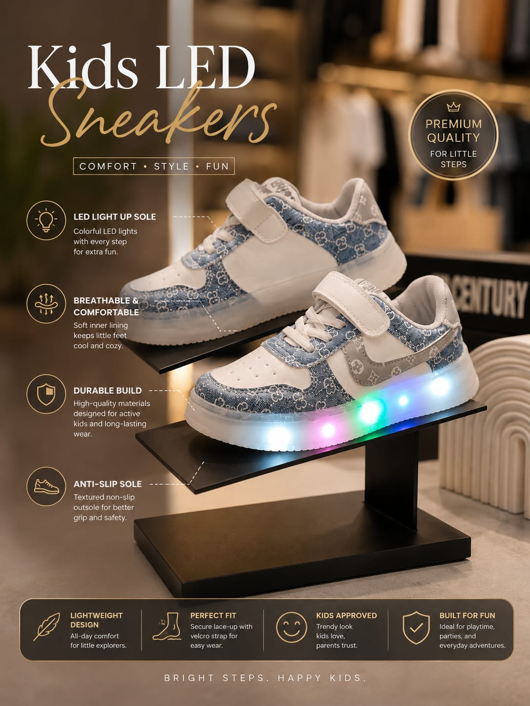 Kids Stylish Blue & White LED Light-Up Sneakers | EU 31–36