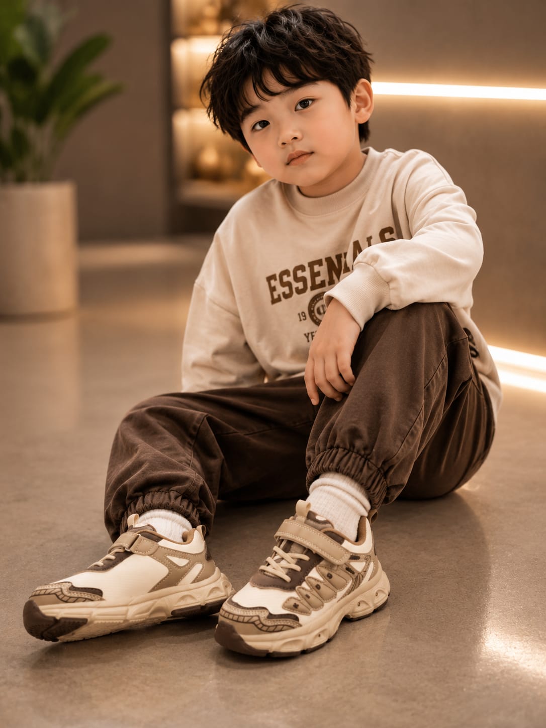 Kids Stylish Beige & Brown Sports Sneakers | EU 27–31