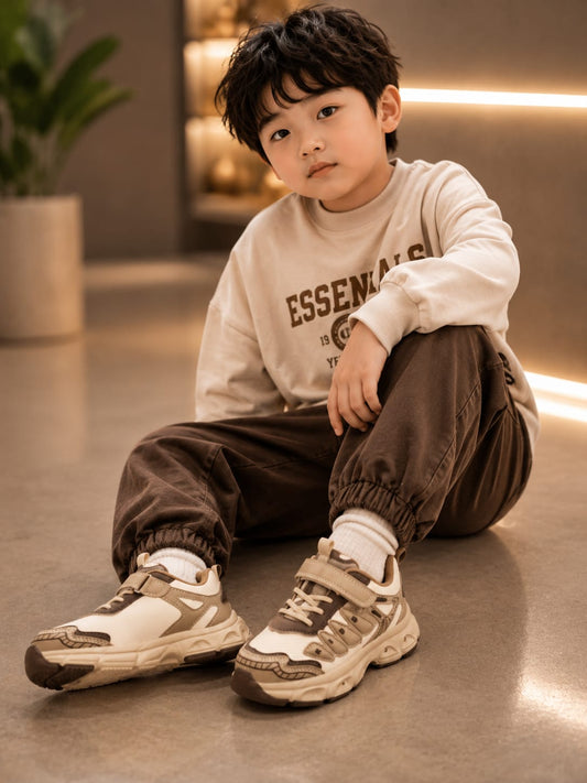 Kids Stylish Beige & Brown Sports Sneakers | EU 27–31