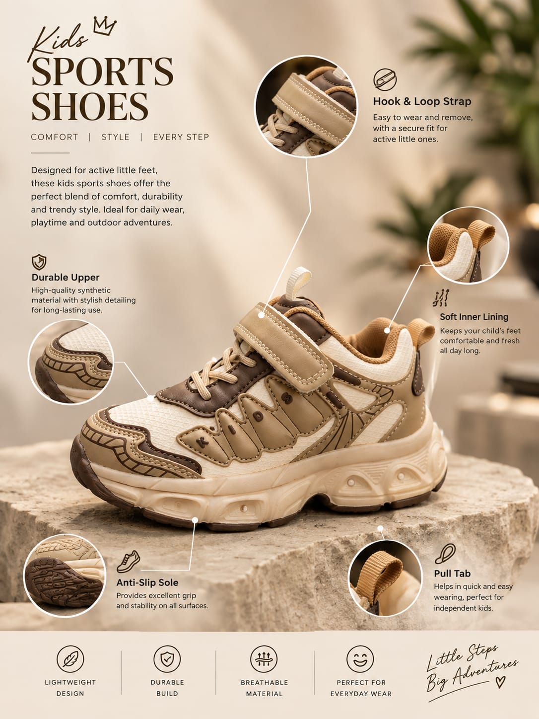 Kids Stylish Beige & Brown Sports Sneakers | EU 27–31