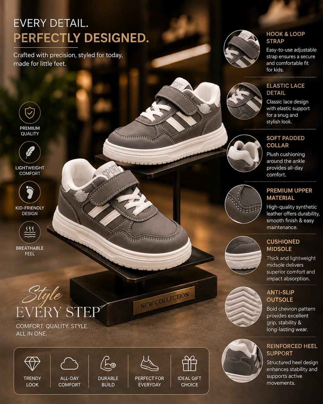 Kids Stylish Grey & White Sports Sneakers | EU 27–31