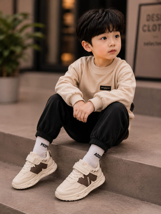 Kids Stylish White & Brown Fashion Sneakers | EU 27–31