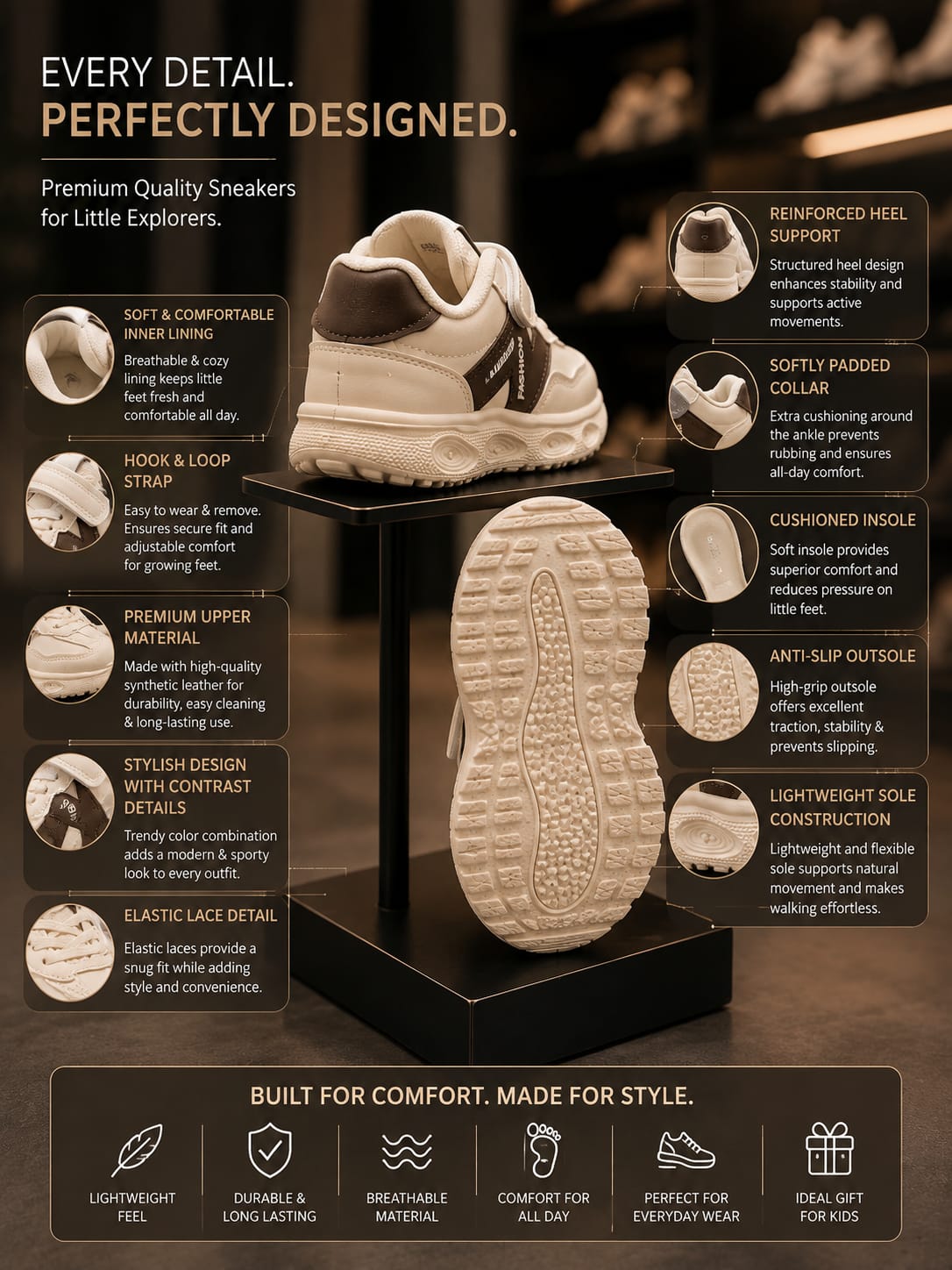 Kids Stylish White & Brown Fashion Sneakers | EU 27–31