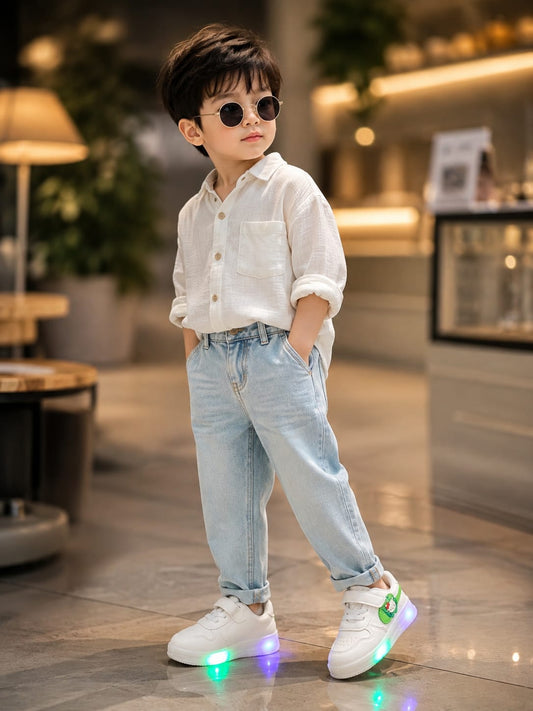 Kids LED Light-Up Sneakers – White Casual Shoes with Colorful Flashing Lights EU 21-25
