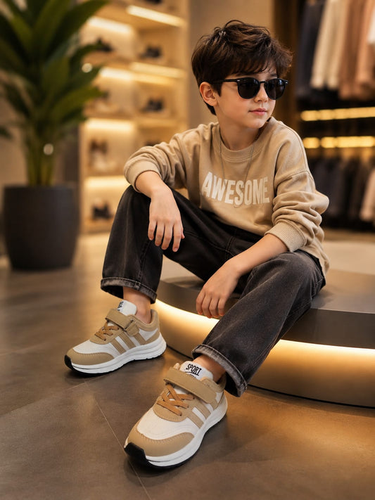 Kids Casual Sports Sneakers – White & Tan Stylish Shoes | EU 27–31