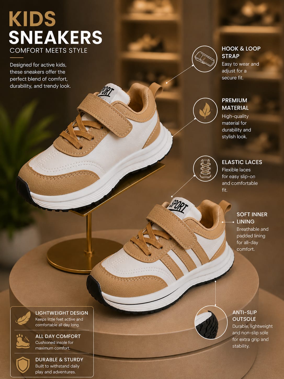 Kids Casual Sports Sneakers – White & Tan Stylish Shoes | EU 27–31