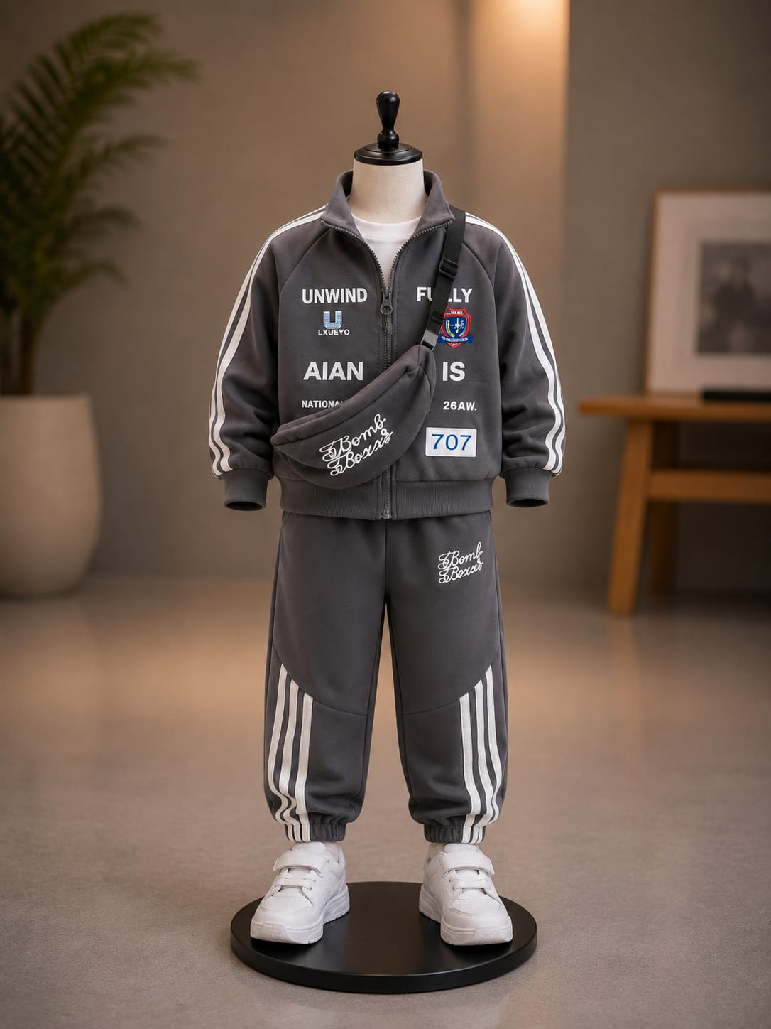 Boys Stylish 3-Piece Track Suit Set with Sling Bag – Grey | Size 18–26