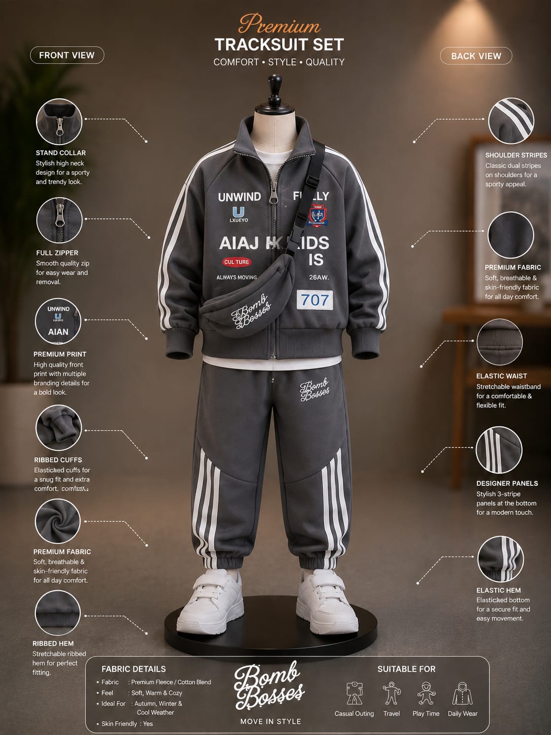Boys Stylish 3-Piece Track Suit Set with Sling Bag – Grey | Size 18–26