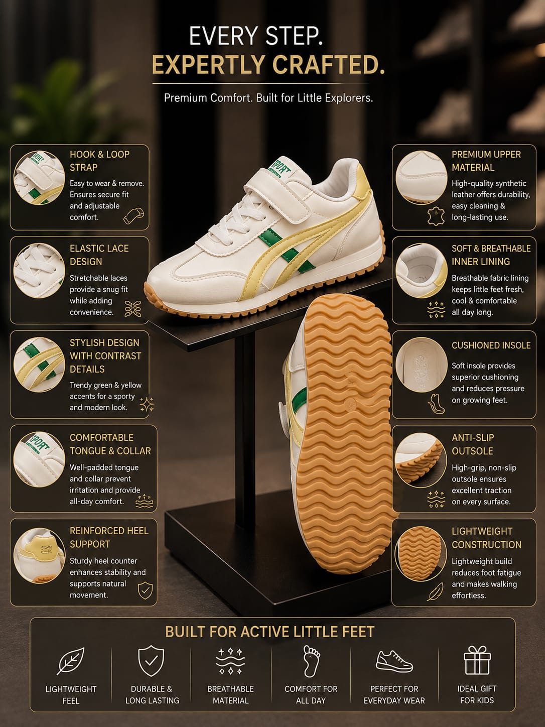 Kids Stylish White, Yellow & Green Sports Sneakers | EU 32–37
