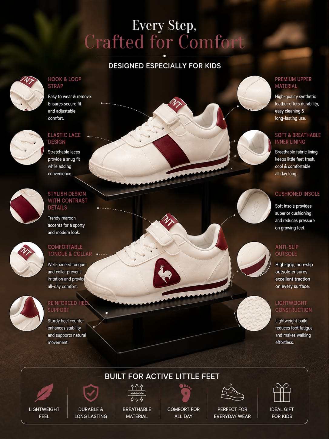 Kids White & Maroon Stylish Sneakers | Velcro Casual Shoes | EU 32–37