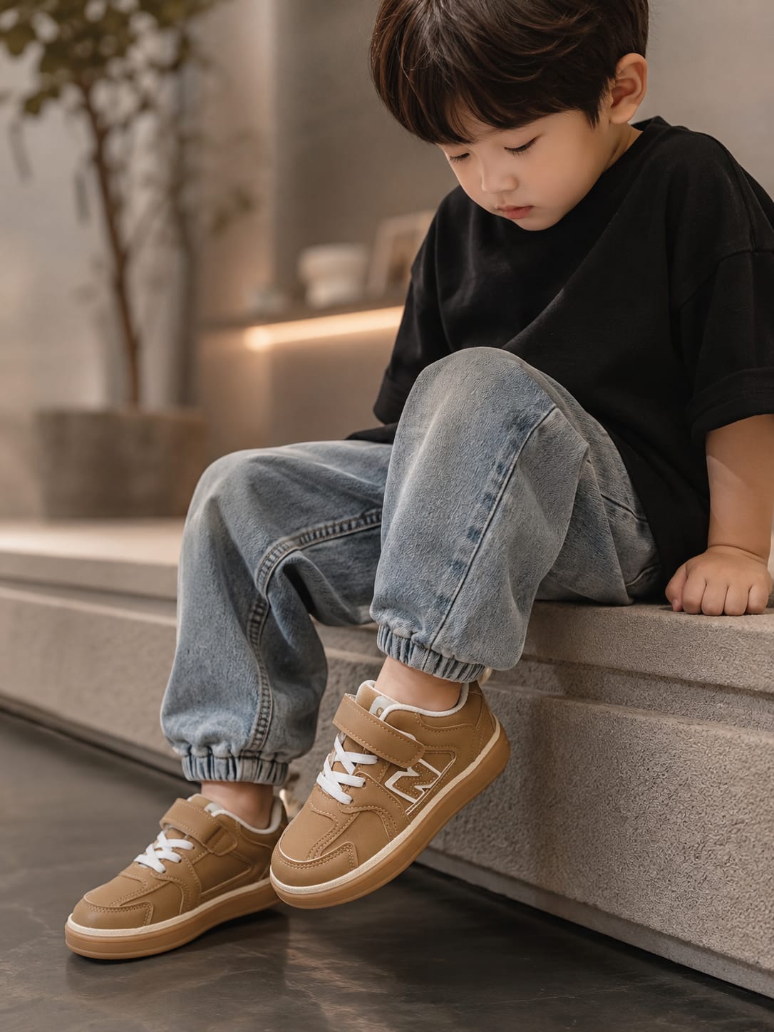 Kids Tan Casual Sneakers | Stylish Velcro Sports Shoes | EU 32–37