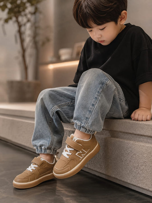 Kids Tan Casual Sneakers | Stylish Velcro Sports Shoes | EU 32–37
