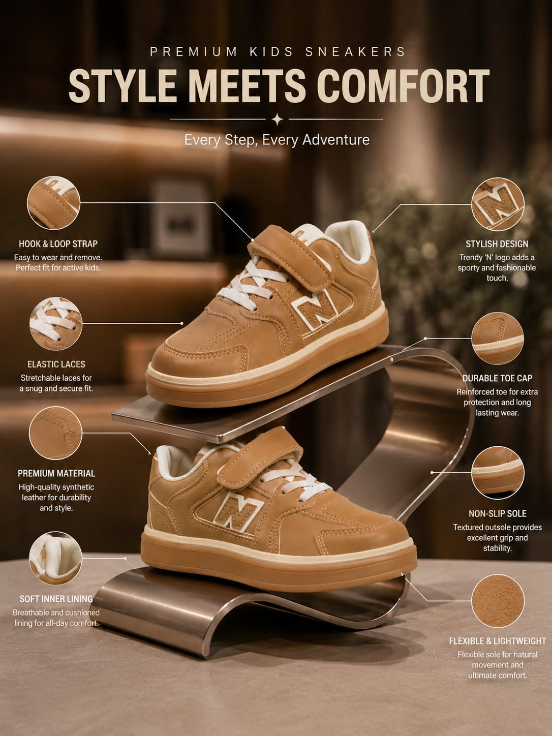 Kids Tan Casual Sneakers | Stylish Velcro Sports Shoes | EU 32–37
