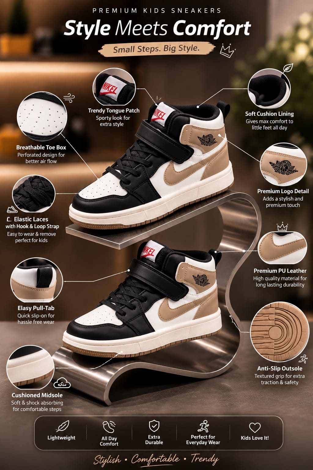 Kids High-Top Black & White Sneakers | Stylish Velcro Casual Shoes | EU 31–36