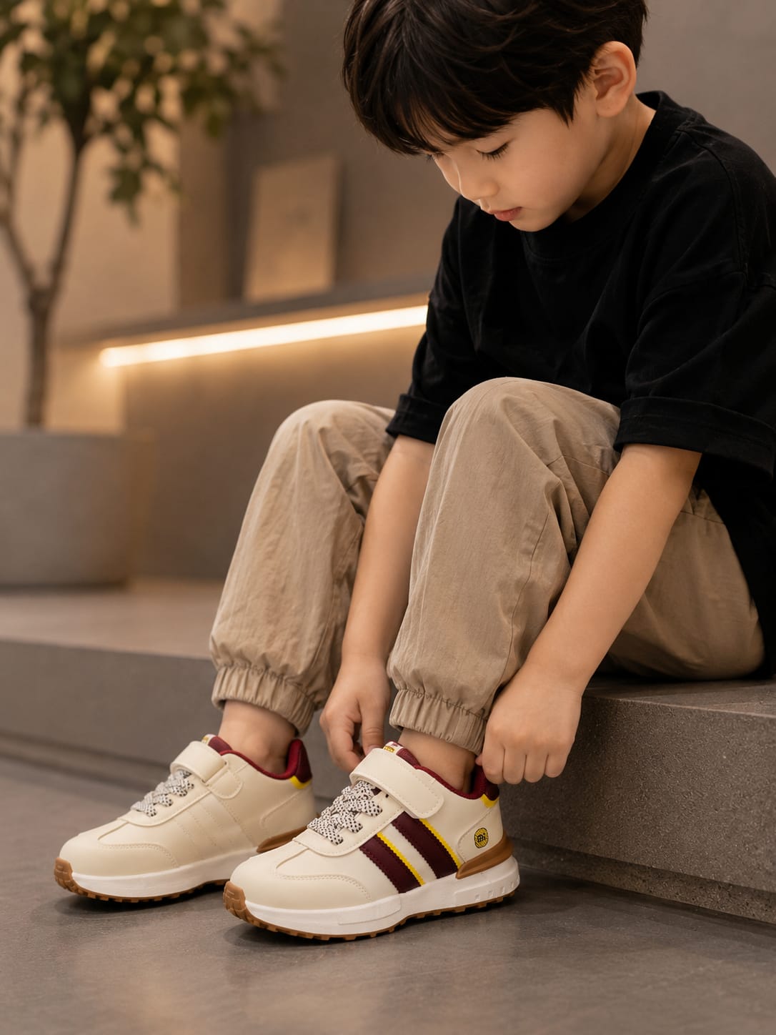 Kids Beige & Maroon Stylish Sneakers | Velcro Casual Shoes | EU 32–37