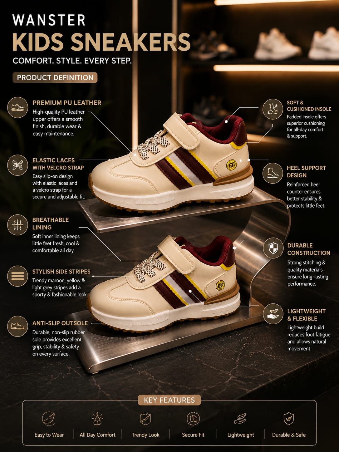 Kids Beige & Maroon Stylish Sneakers | Velcro Casual Shoes | EU 32–37