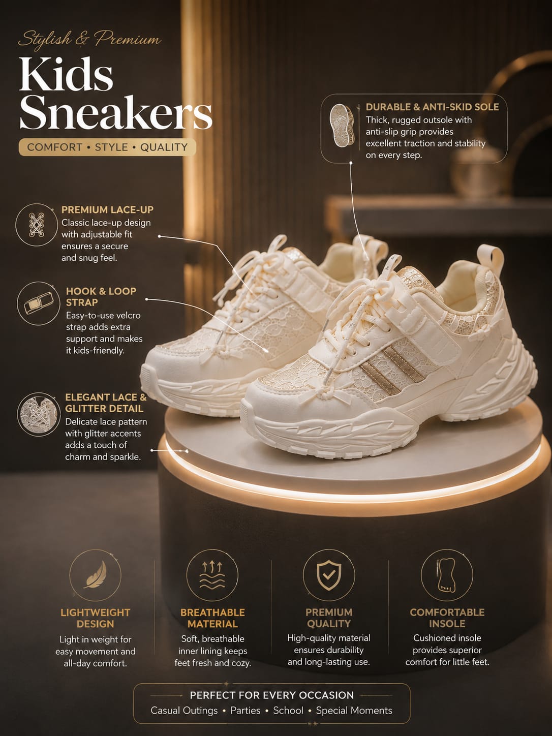 Girls' Premium White Chunky Sneakers | Stylish Casual Shoes | EU 31–36