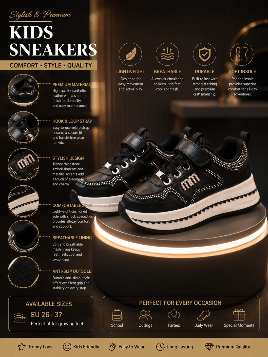 Girls' Stylish Black Studded Sneakers | Trendy Casual Shoes | EU 32–37