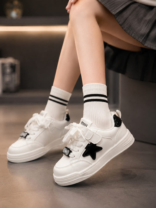 Girls' White & Black Star Sneakers | Trendy Casual Shoes | EU 32–37