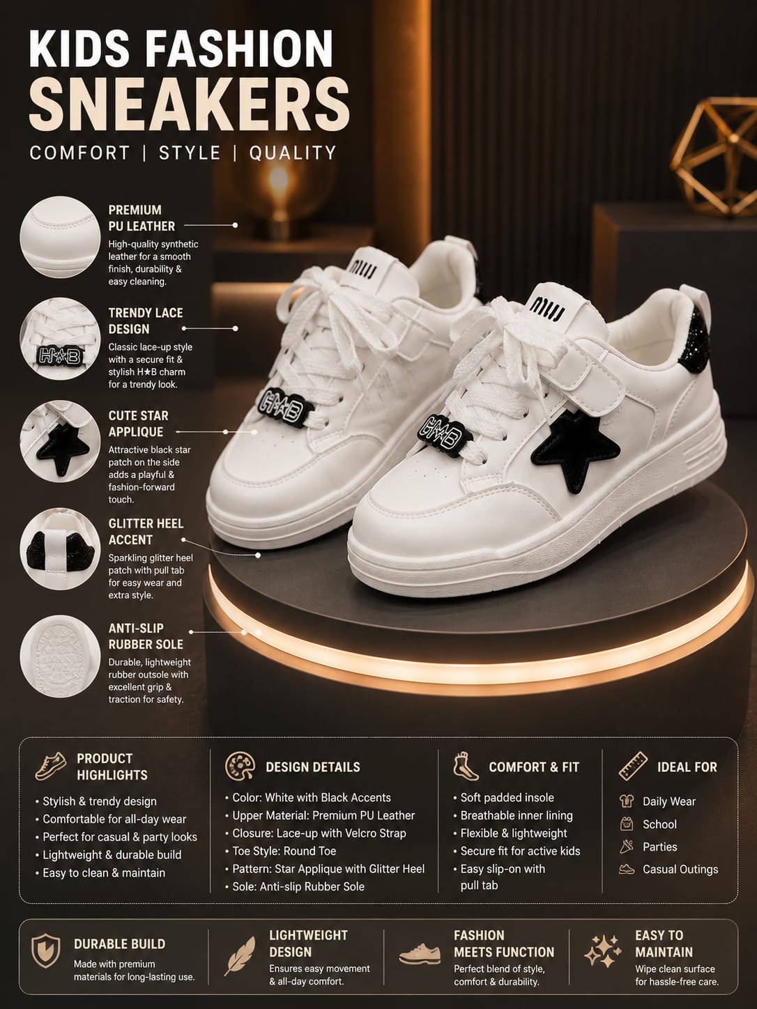Girls' White & Black Star Sneakers | Trendy Casual Shoes | EU 32–37