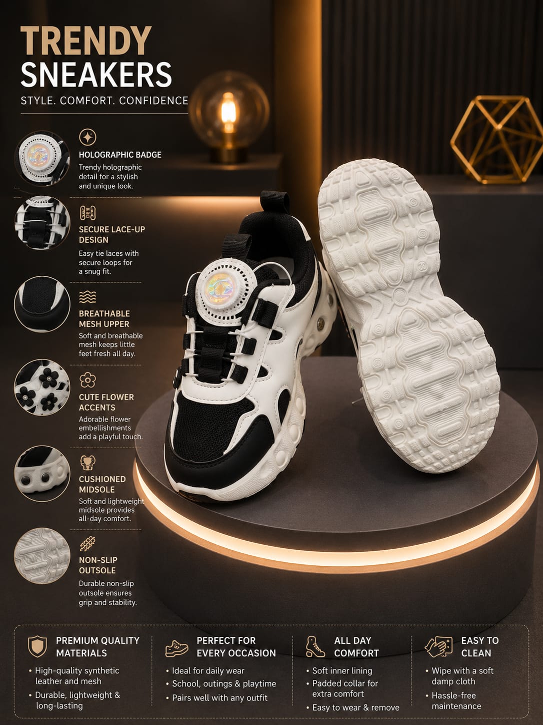 Girls' Black & White Flower Sneakers | Trendy Casual Shoes | EU 32–37