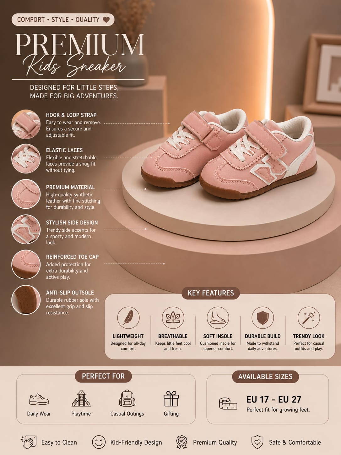 Girls' Pink Casual Sneakers | Stylish & Comfortable Shoes | EU 22–26