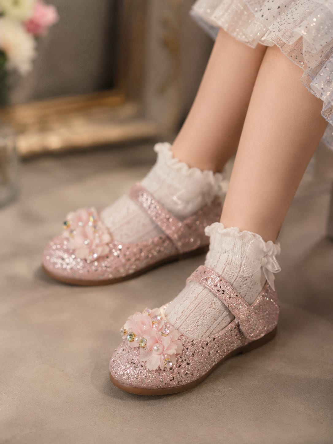Girls’ Pink Glitter Flower Party Sandals – EU 21–25