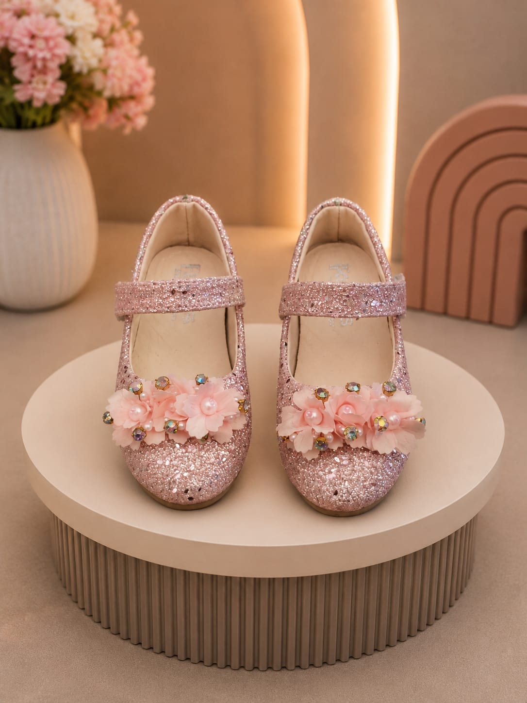 Girls’ Pink Glitter Flower Party Sandals – EU 21–25