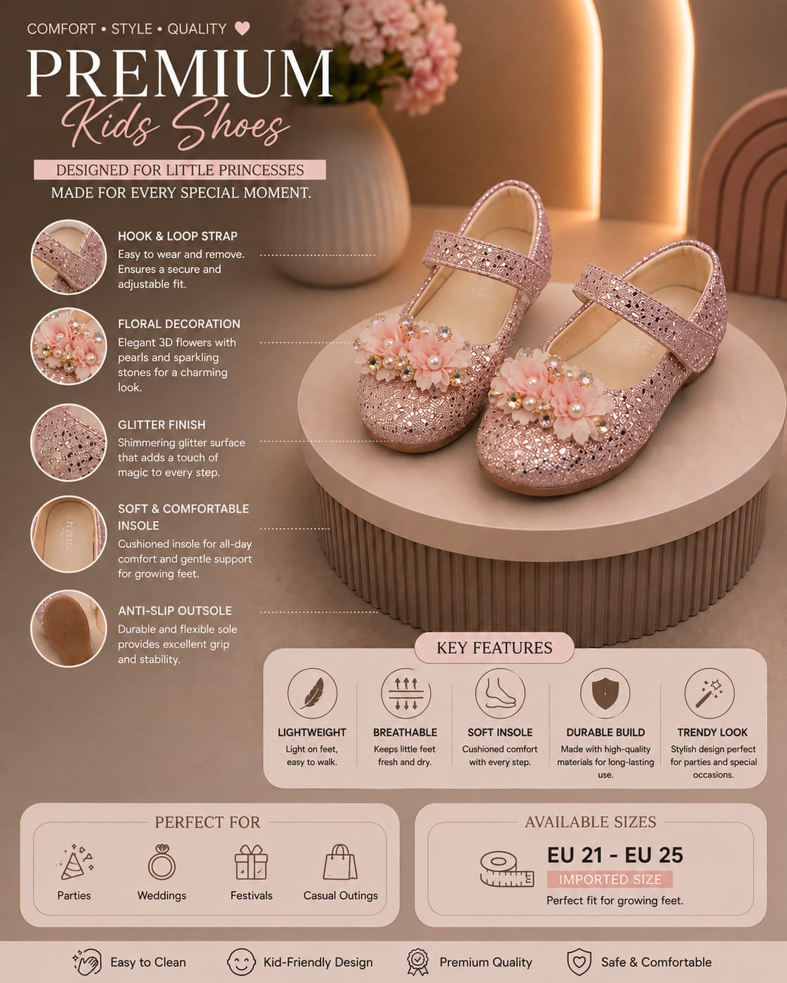 Girls’ Pink Glitter Flower Party Sandals – EU 21–25