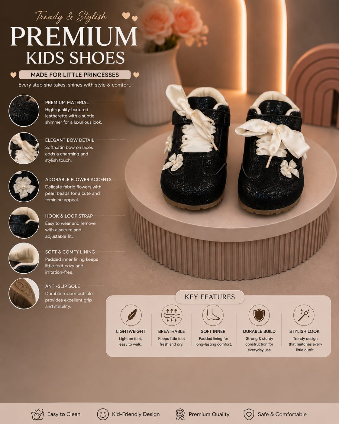 🖤 Girls’ Black Bow & Flower Casual Shoes – EU 22–26