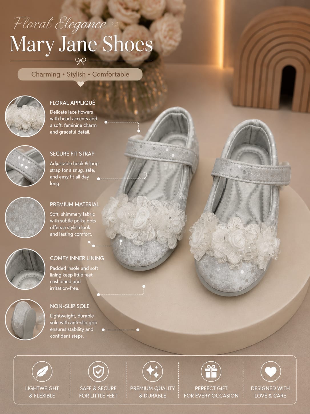 Girls’ White Floral Mary Jane Ballet Flats | EU 21–25 | Elegant Party & Casual Wear