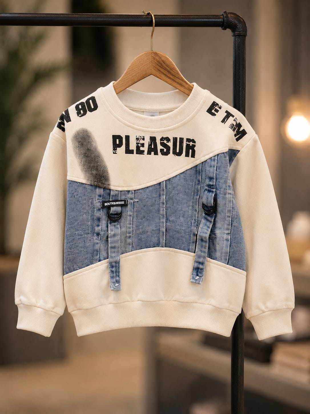 Kids Stylish Denim Patch Sweatshirt – Cream & Blue | Size 18–26