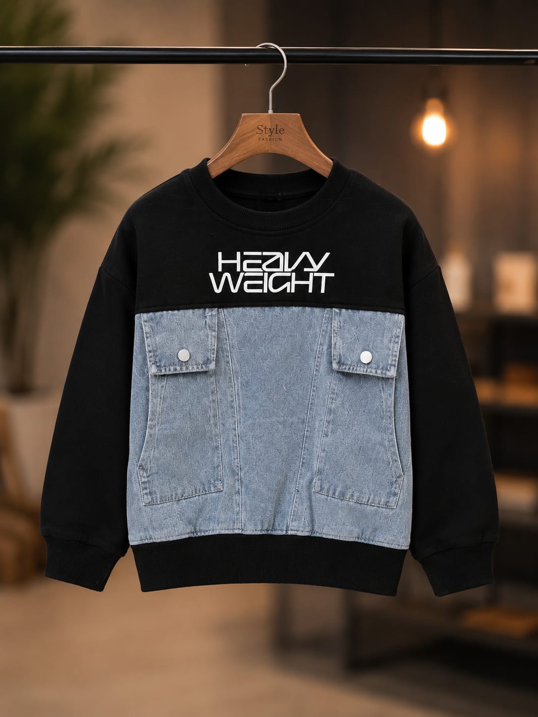 Kids Stylish Black Denim Patch Sweatshirt – Black & Blue | 6–12 Years