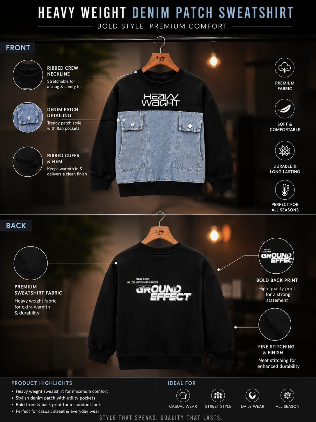 Kids Stylish Black Denim Patch Sweatshirt – Black & Blue | 6–12 Years