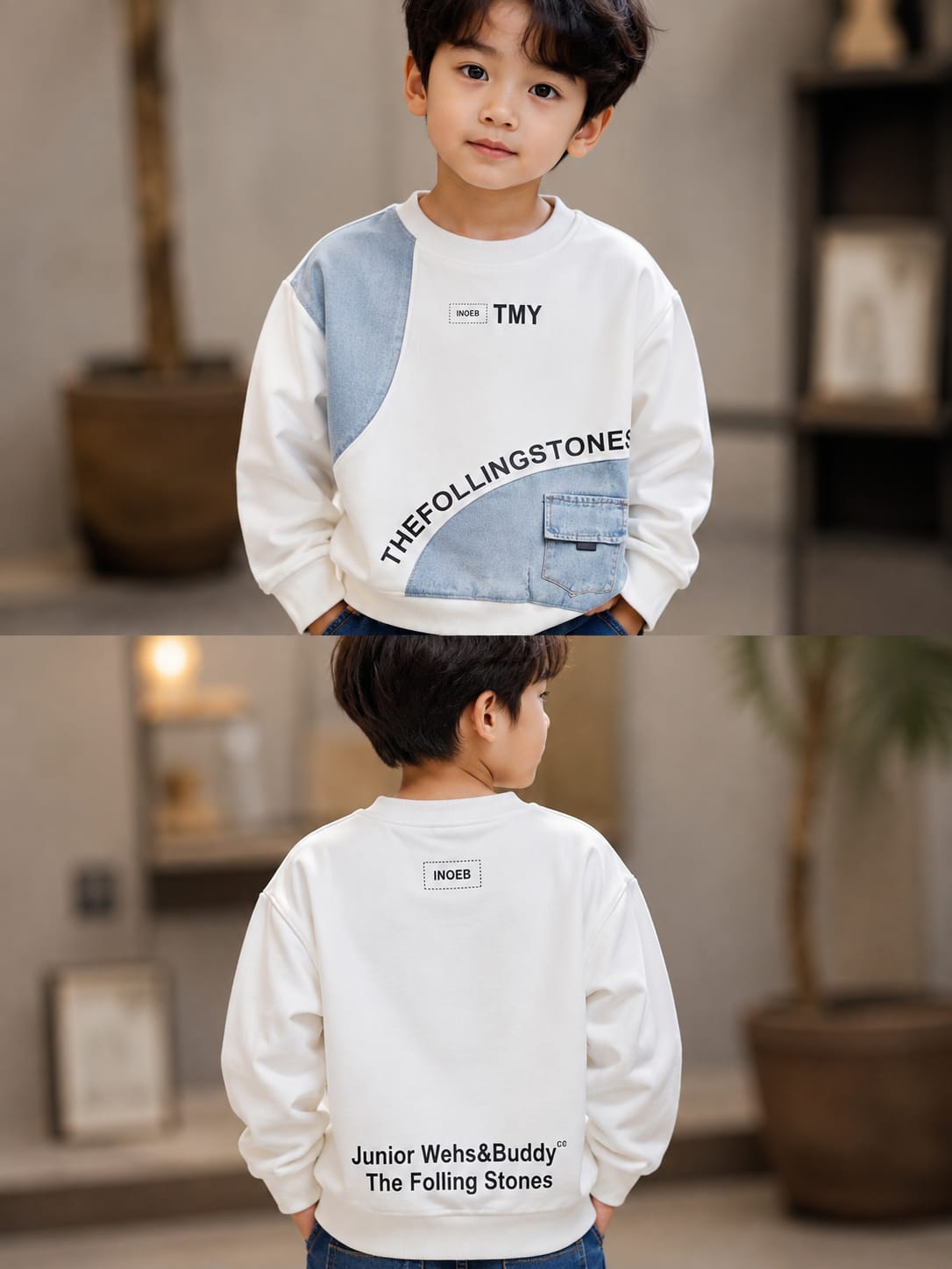 Boys White & Denim Stylish Printed Sweatshirt | 6–12 Years