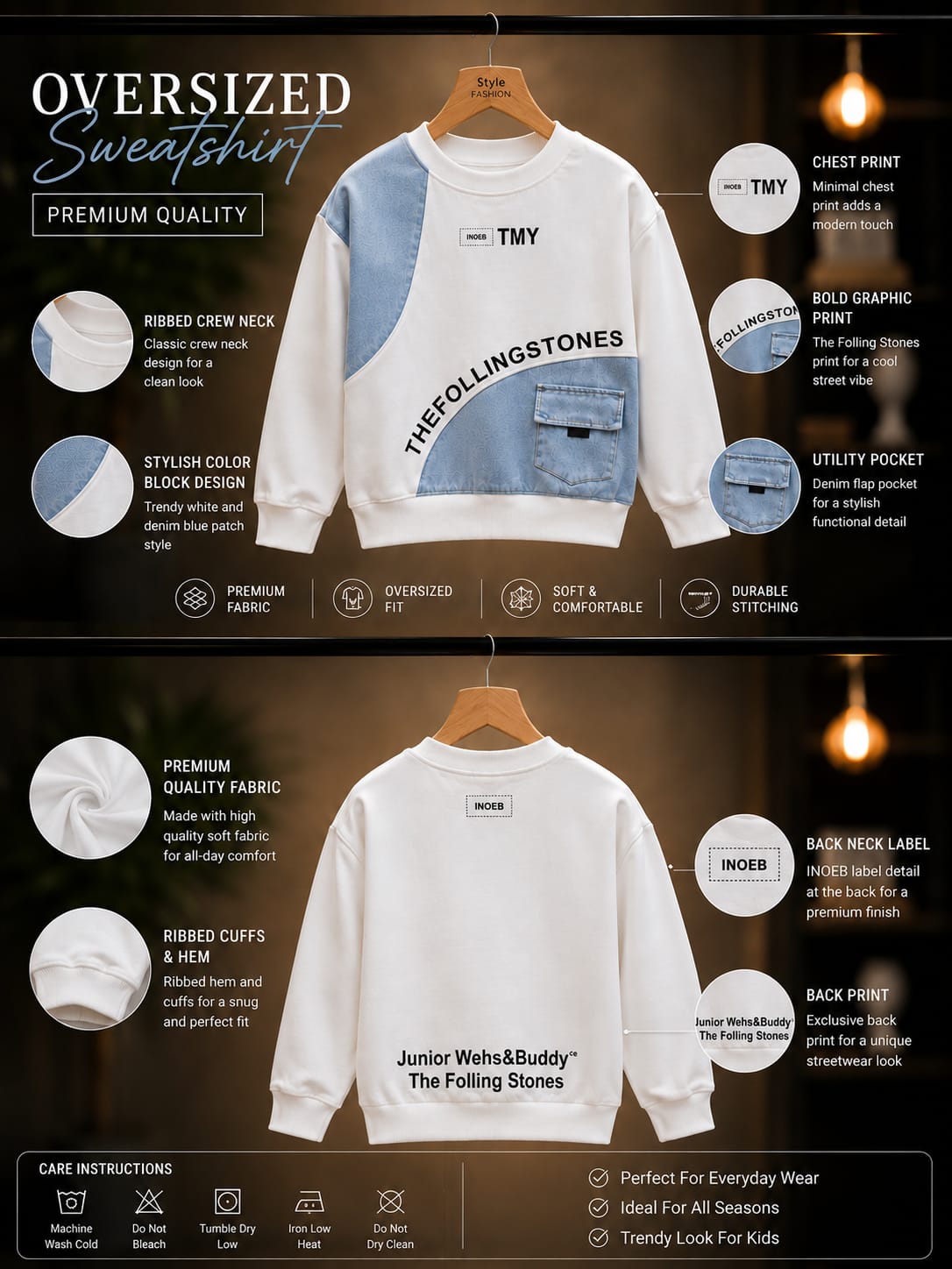 Boys White & Denim Stylish Printed Sweatshirt | 6–12 Years