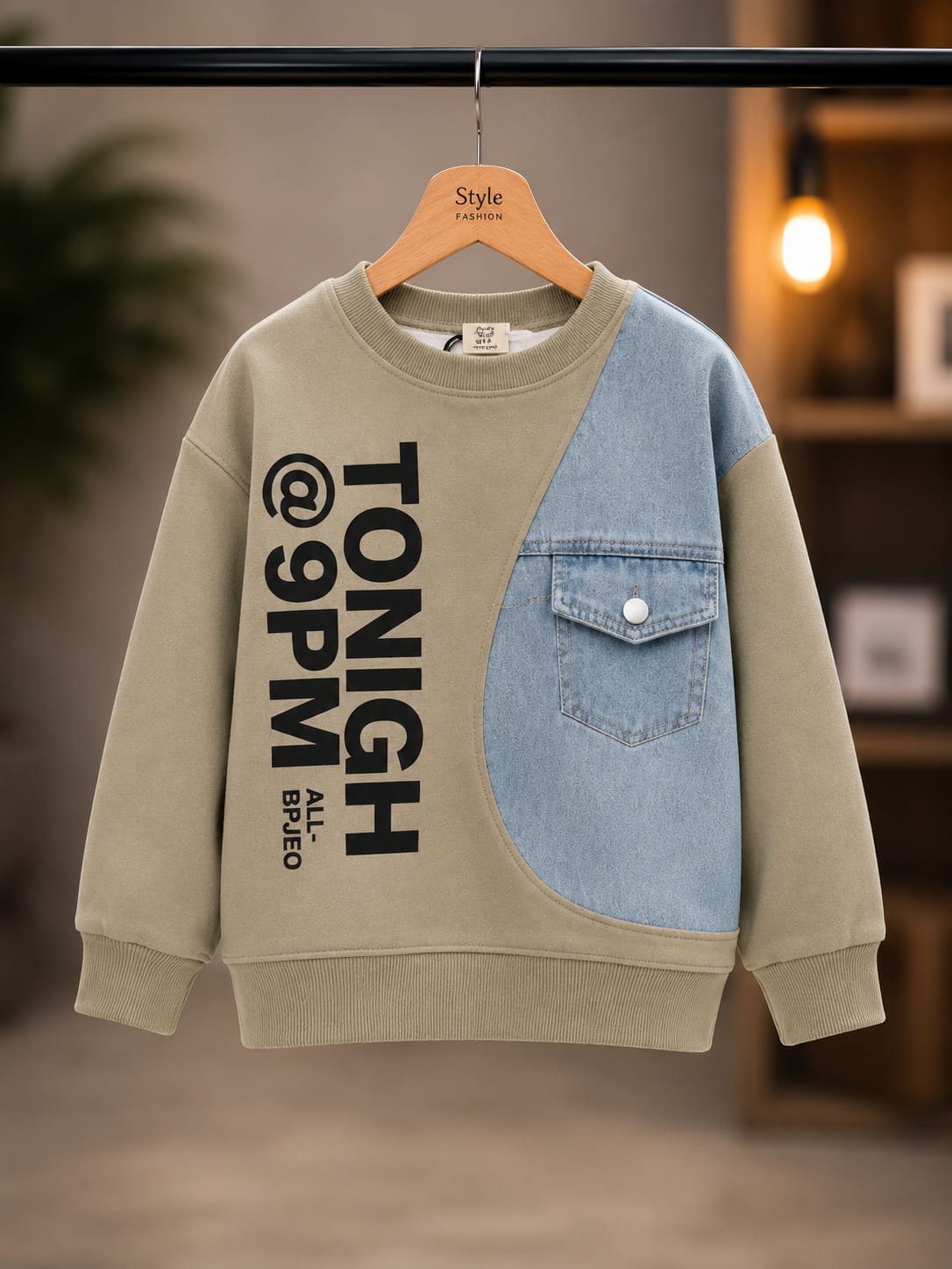 Boys Light Khaki & Denim Stylish Printed Sweatshirt | 6–12 Years
