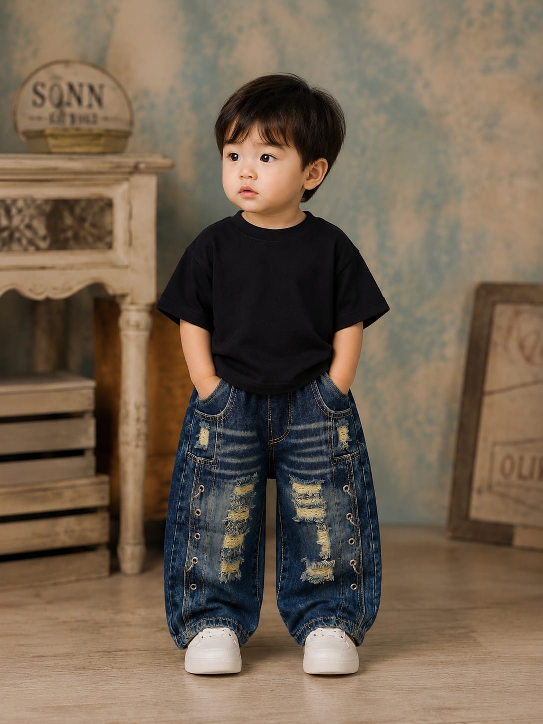 Boys Dark Blue Baggy Fit Distressed Denim Shorts | 2–6 Years