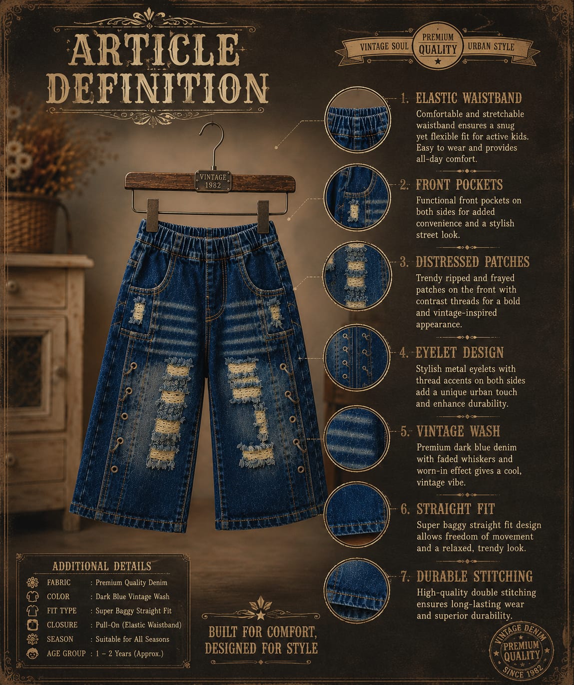 Boys Dark Blue Baggy Fit Distressed Denim Shorts | 2–6 Years