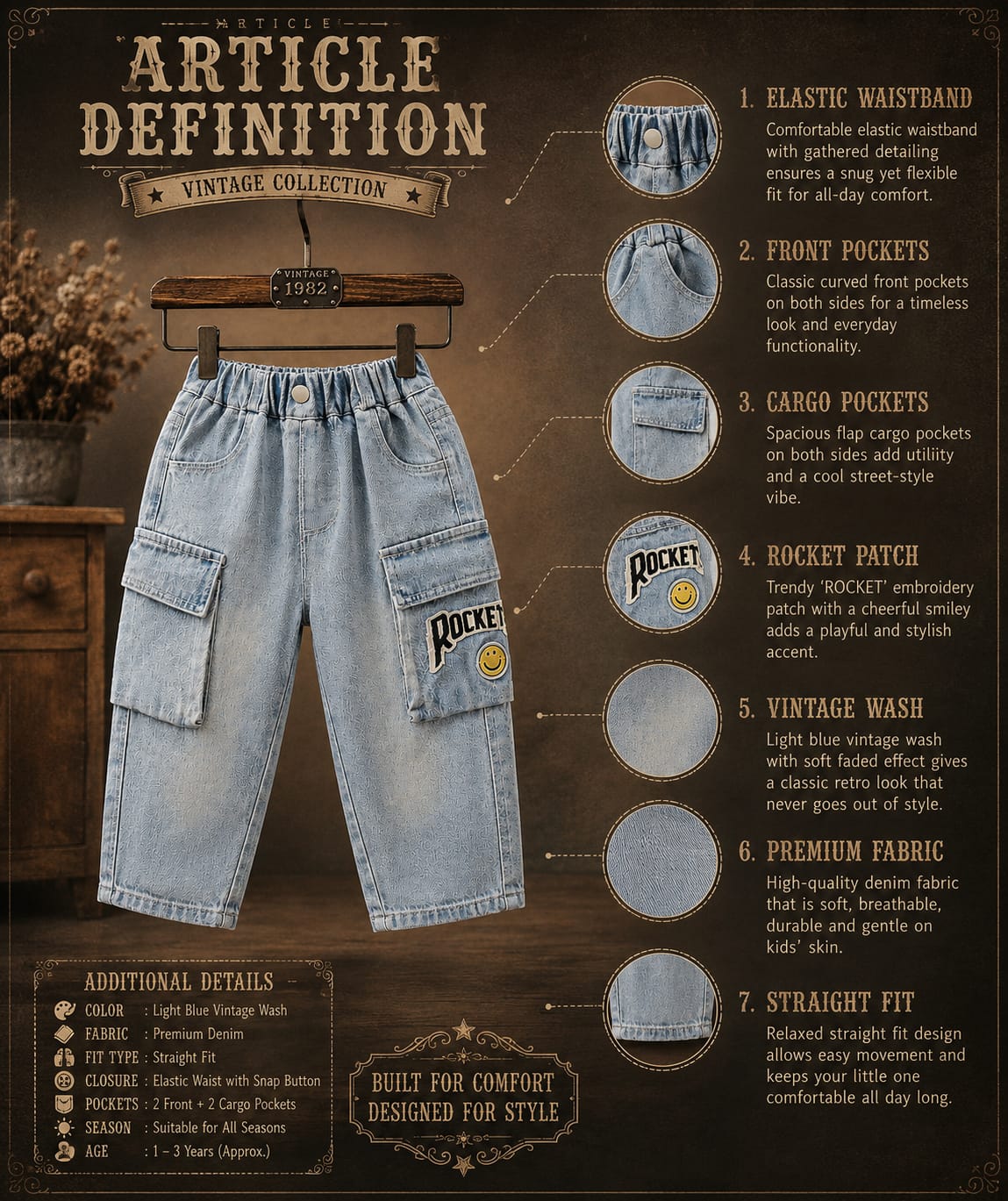 Kids Light Blue Denim Cargo Jeans | Baggy Fit | Sizes 12 Months–3 Years