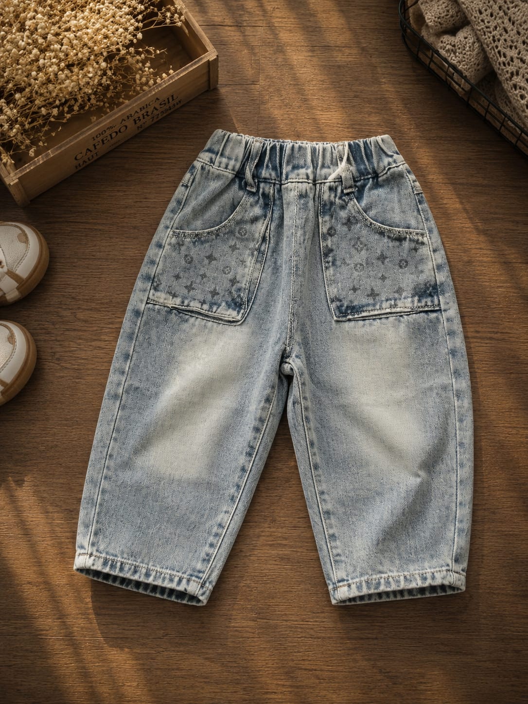 Kids Light Blue Denim Baggy Jeans with Front Utility Pockets & All-Over Print | 12 Months–3 Years
