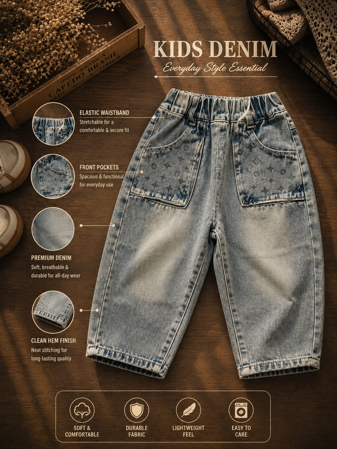 Kids Light Blue Denim Baggy Jeans with Front Utility Pockets & All-Over Print | 12 Months–3 Years