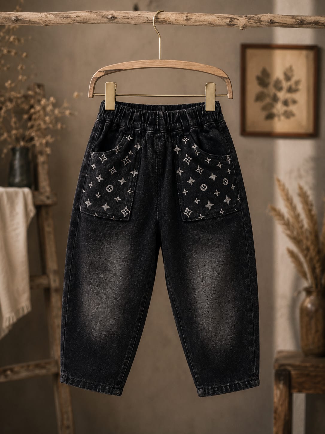 Kids Black Printed Baggy Jeans with Statement Utility Pockets | 6 Months–3 Years