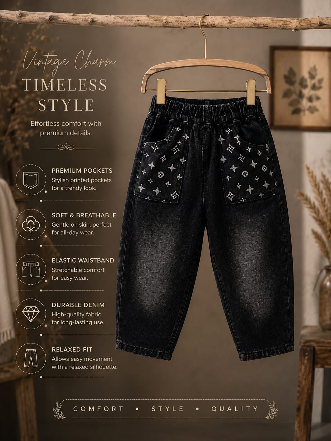 Kids Black Printed Baggy Jeans with Statement Utility Pockets | 6 Months–3 Years