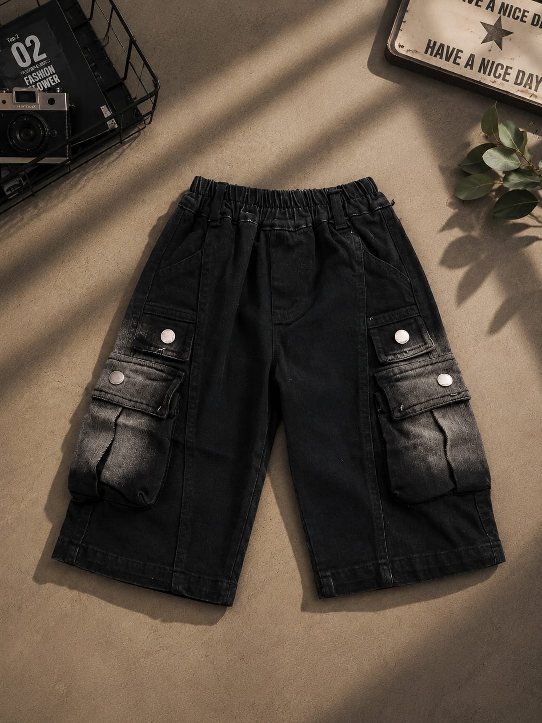 Kids Black Baggy Cargo Jeans with Multi Utility Pockets | 2–6 Years