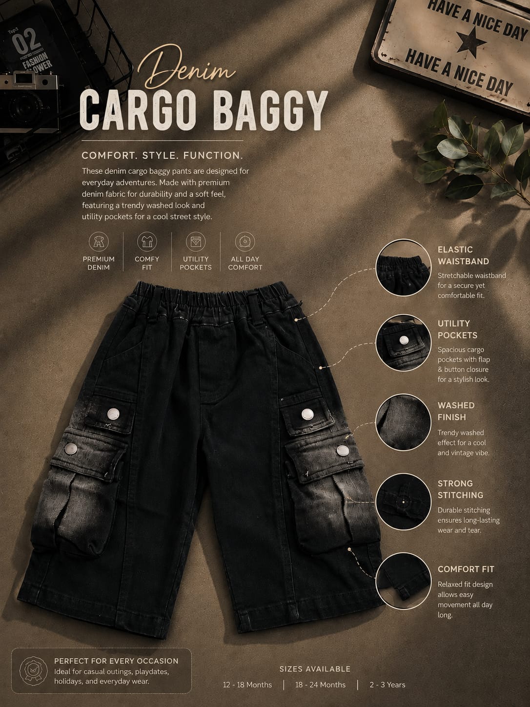 Kids Black Baggy Cargo Jeans with Multi Utility Pockets | 2–6 Years
