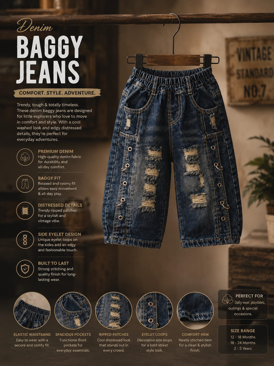 Vintage Distressed Baggy Jeans for Kids | Dark Blue | 2–6 Years