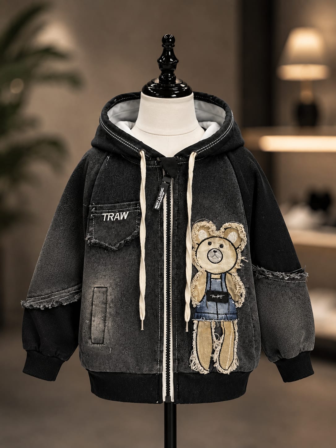 Kids Black Teddy Bear Printed Hooded Jacket | 1–5 Years